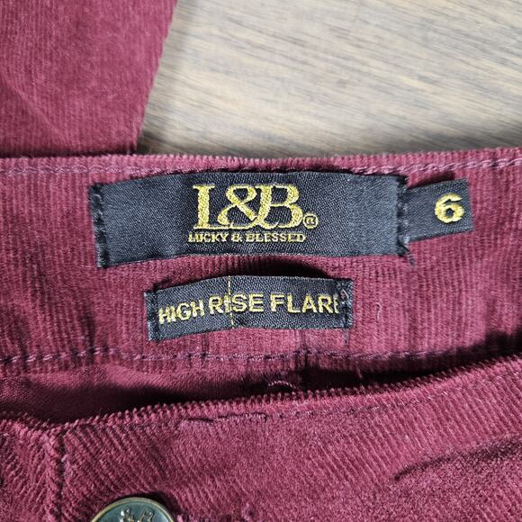 Lucky & Blessed Burgundy Corduroy High Rise Extreme Flare Raw Hem Pants Women’s - Picture 5 of 10